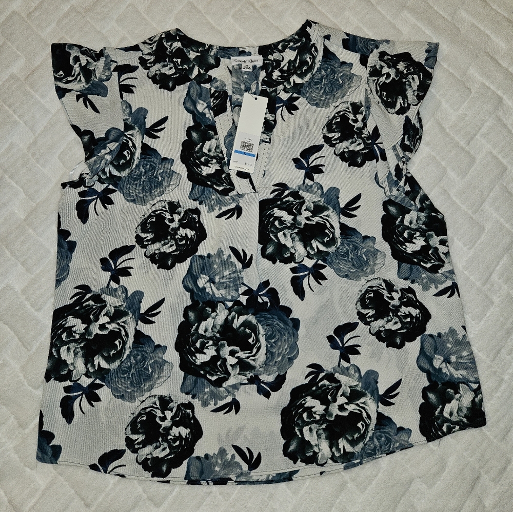 Calvin Klein Ivory with Blue Roses Shirt